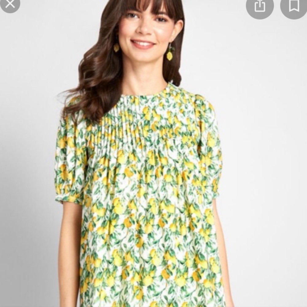 Wild Pony/Mod Cloth Lemon Print Puffy Shoulders Woman’s Baby Doll Style Dress L